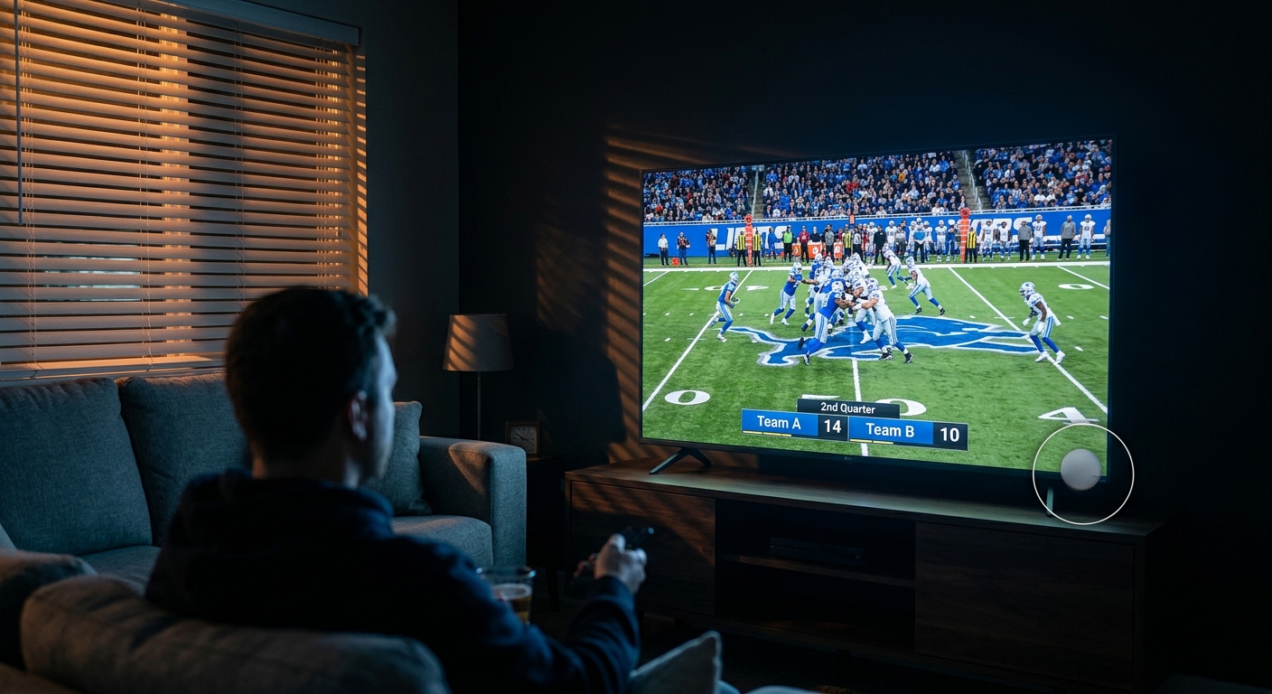 A living room scene with a TV showing a game at night, an automatic brightness s