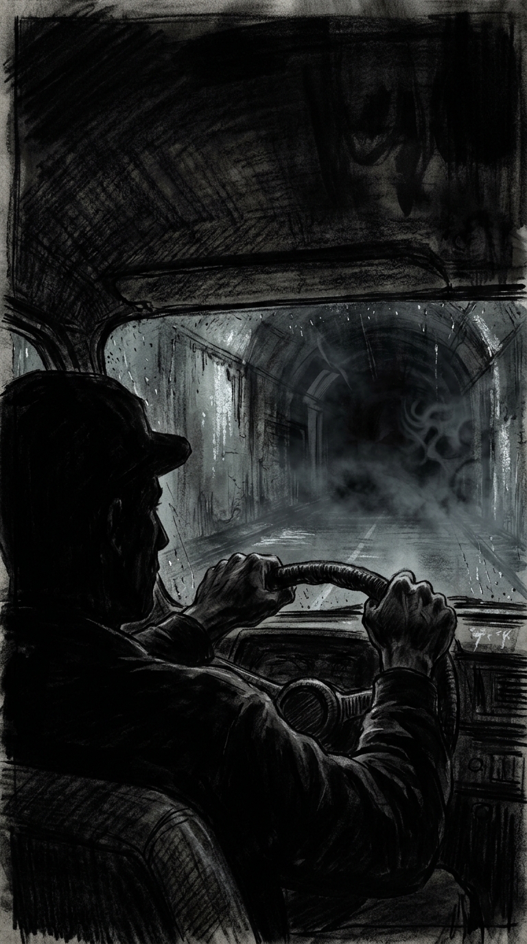 A partial silhouette of a driver gripping the wheel under the tunnel's oppressiv