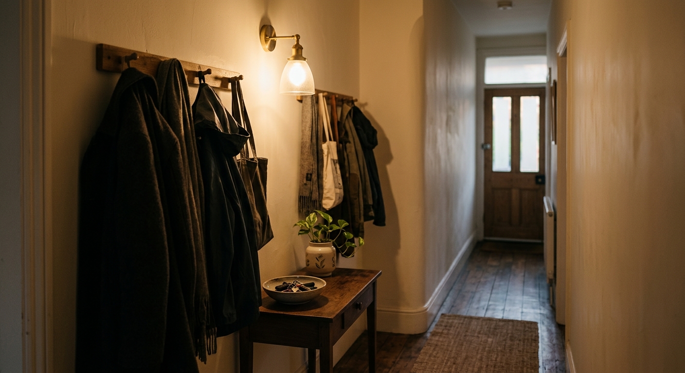 A narrow hallway with coats on hooks and a small bowl for keys, one warm light o