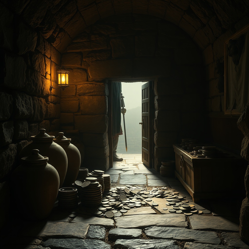 A stone treasury room lit by a single lamp, clay jars and wooden chests open to 