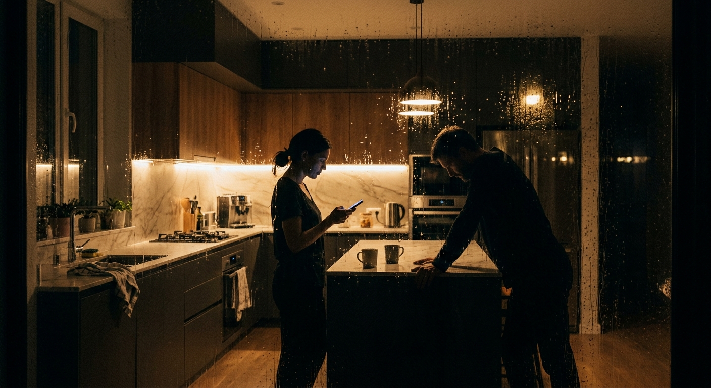 A modern kitchen seen through a rain-streaked window, the light inside pooling w