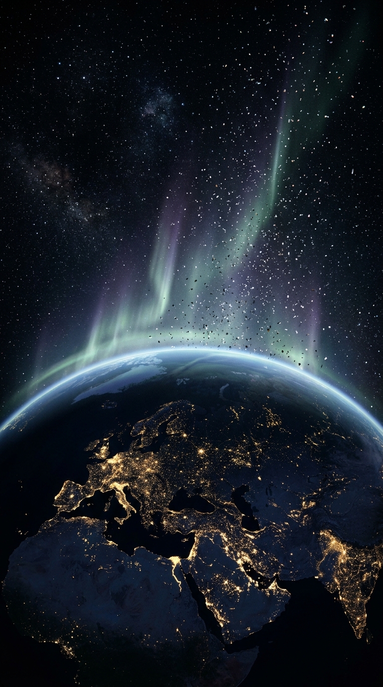 Vertical planetary view of Earth at night with faint aurora-like streams rising 