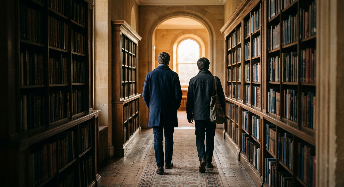 Two anonymous figures seen from behind walking slowly along a quiet hallway line