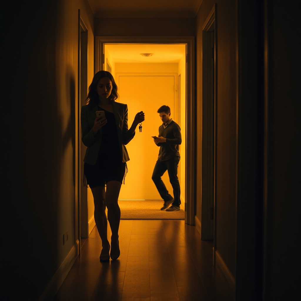 A tense hallway shot from inside an apartment doorway, a woman holding keys with