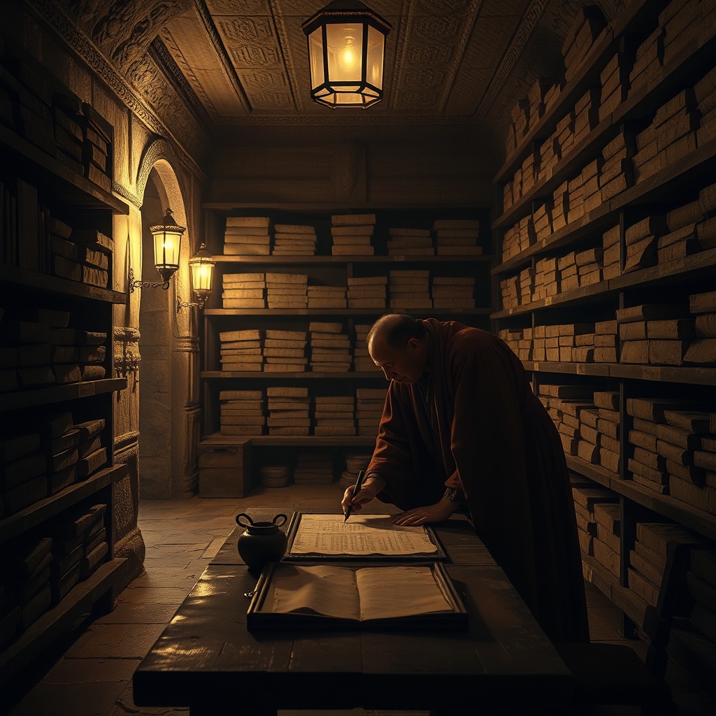Interior of an ancient palace archive room lit by oil lamps, shelves of clay tab