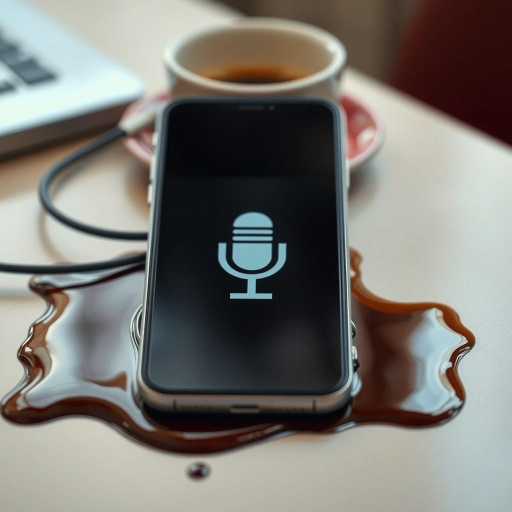 A smartphone on a table showing a blurred video call grid reflected in a spilled