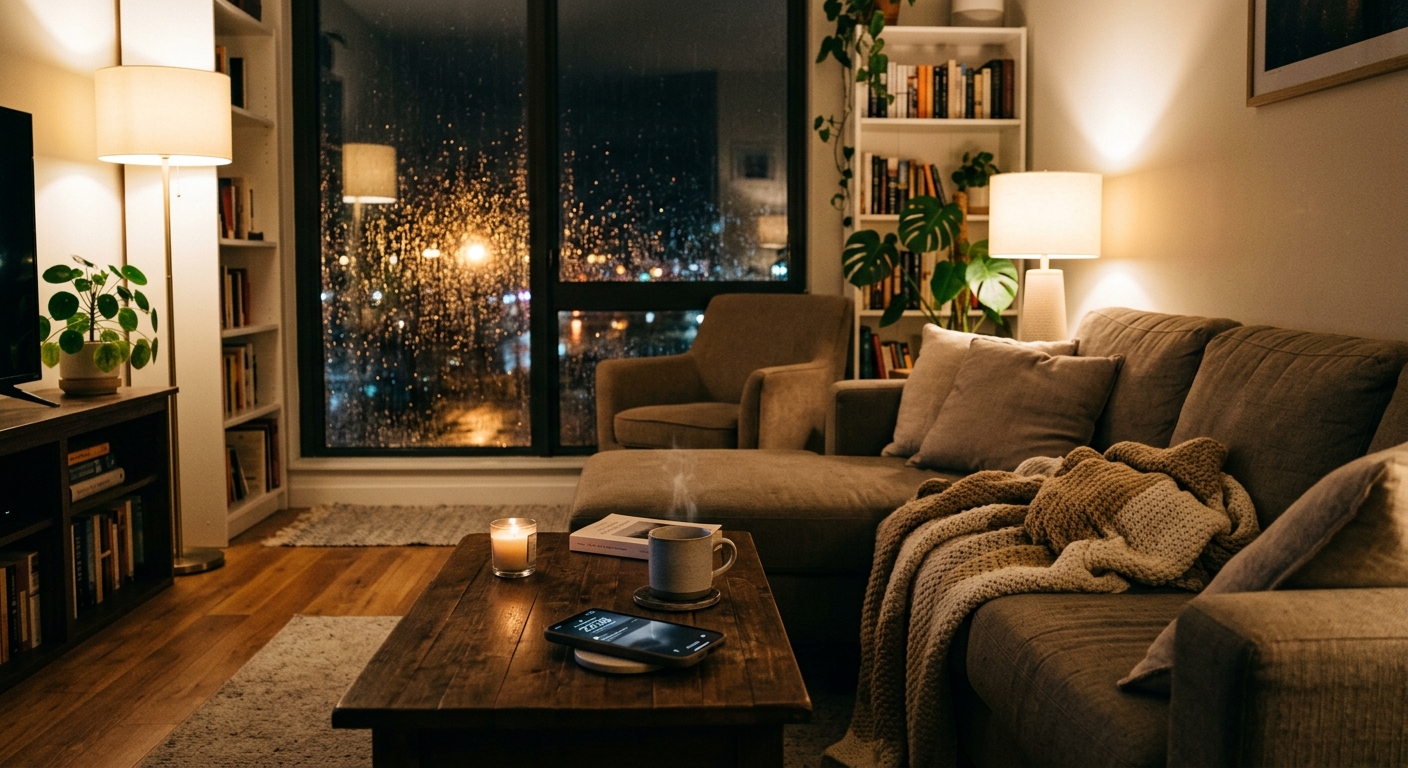 A softly lit living room at night with a blanket on a couch, a phone resting on 