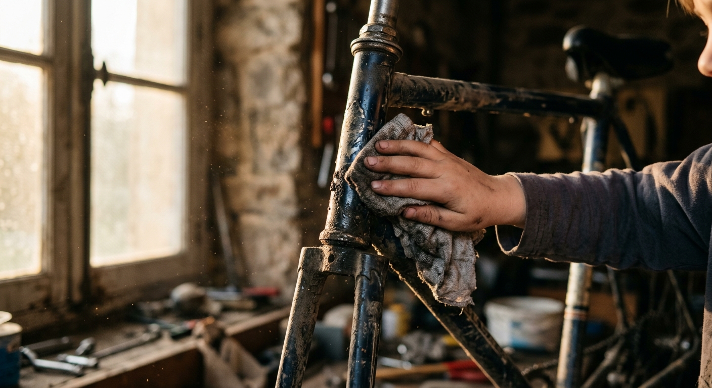 Close-up of a small hand wiping grime from a bike frame with a rag, warm window 