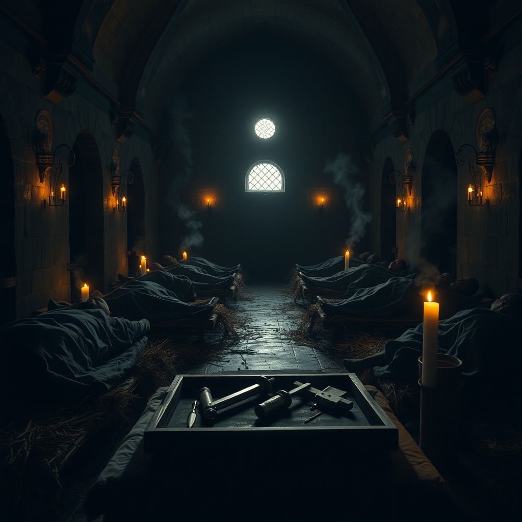 The interior of a field hospital in a candlelit stone chapel, anonymous wounded 