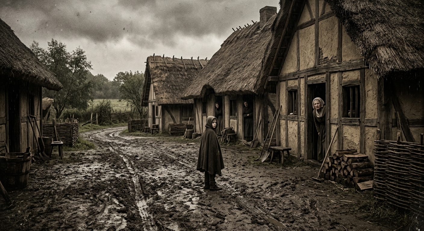 A medieval village edge in overcast light with thatched cottages, muddy ruts, an