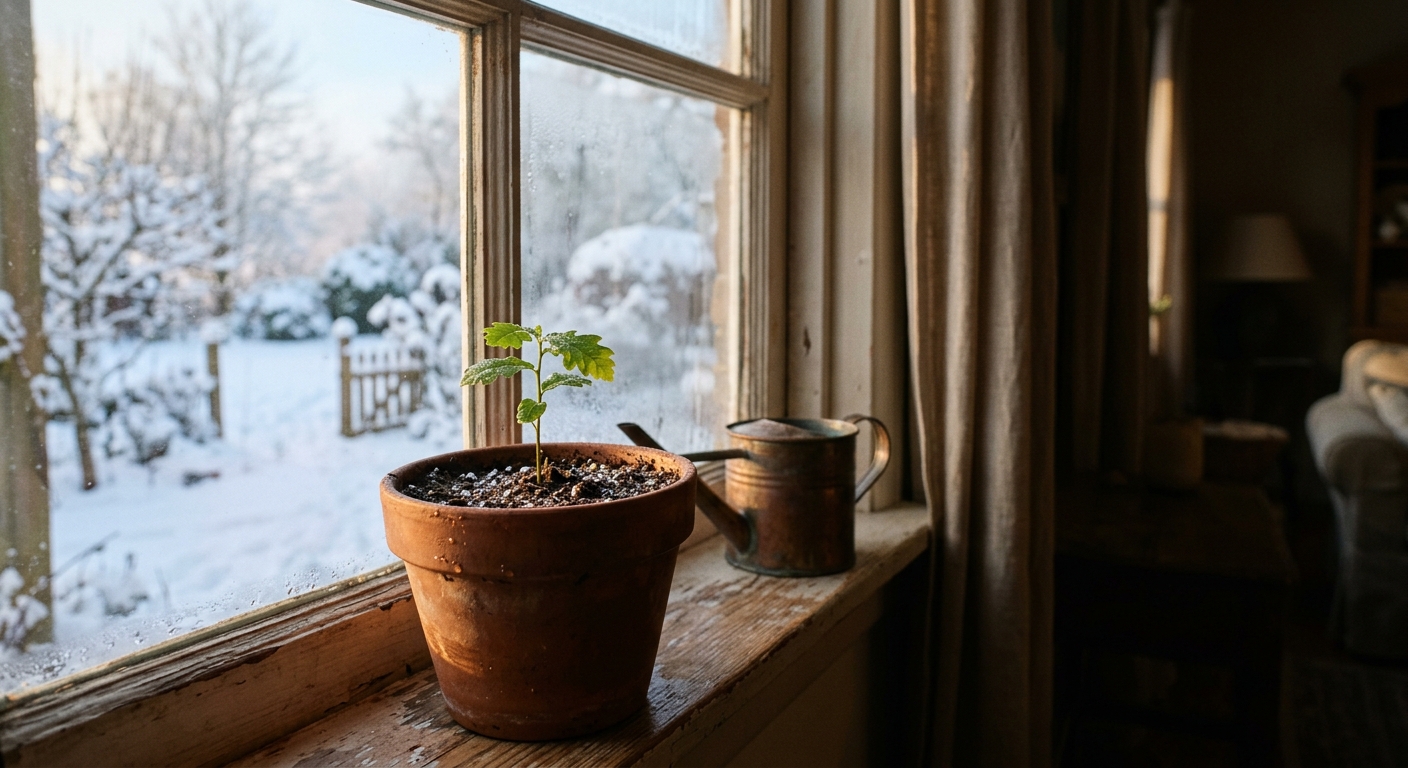 A small seedling in a simple clay pot on a windowsill, droplets of water on the 