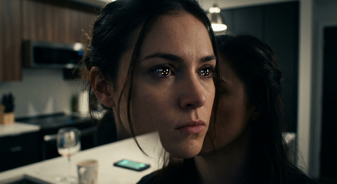 A close-up of her determined face, the reflection of the kitchen lights gleaming