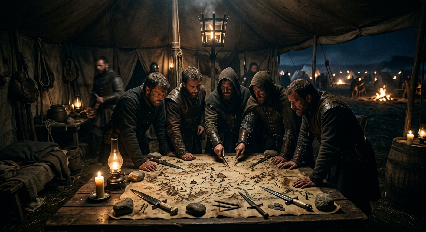 Nighttime scene inside a medieval command tent lit by oil lamps, a commander’s m