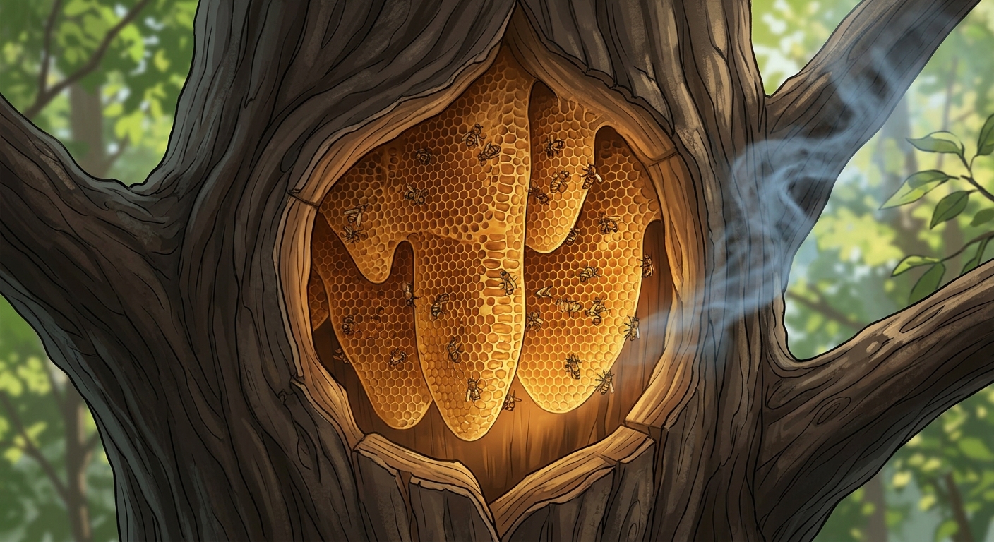 A semi-realistic cutaway of a tree trunk hollow with a wild honeybee comb inside