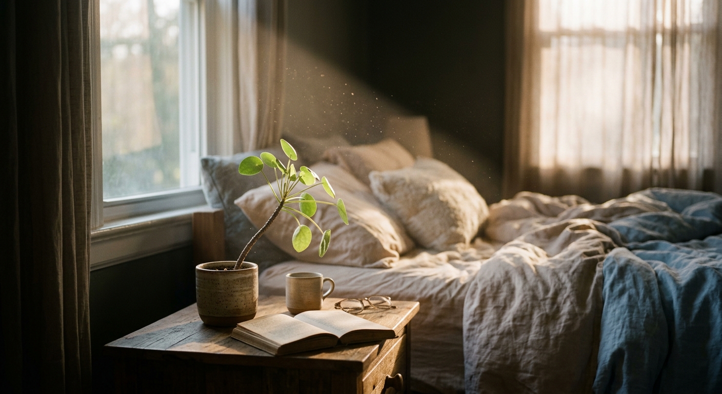A small plant on a bedside table leaning toward a patch of morning sunlight, dus