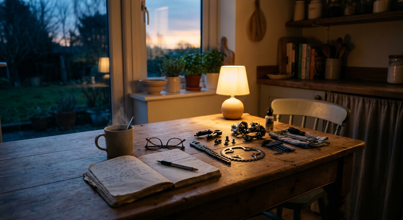 A quiet kitchen table at dawn with a notebook, a mug of tea, and a small pile of