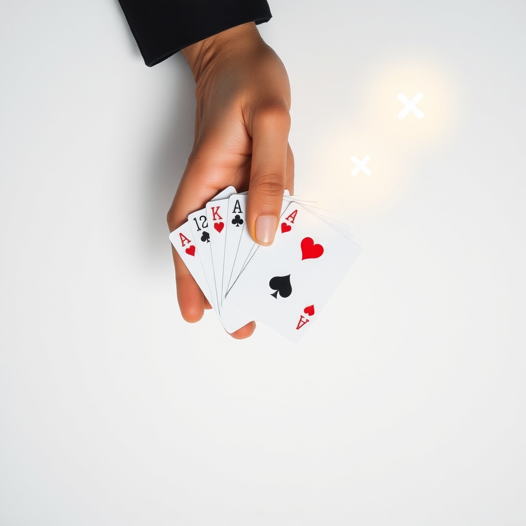 A clean overhead shot of a hand holding a few playing cards while a faint glowin