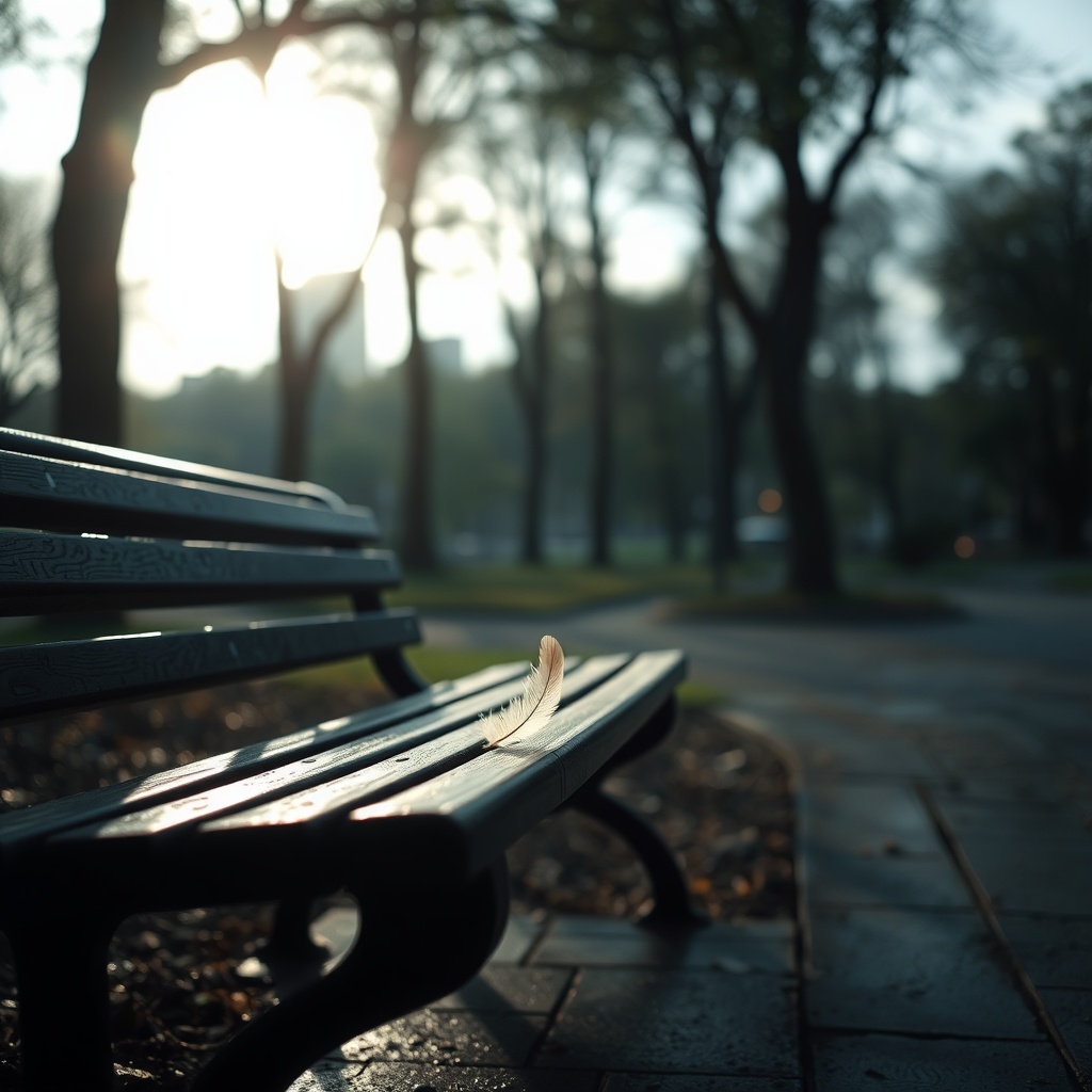 A quiet park bench after rain with sunlight breaking through trees, a single fea