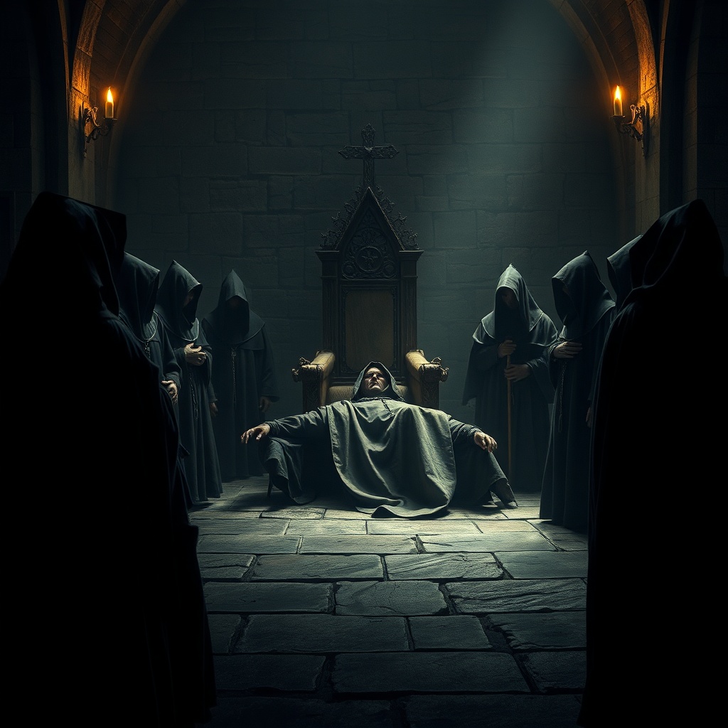 A grim ecclesiastical courtroom scene with a robed corpse slumped on a throne, a