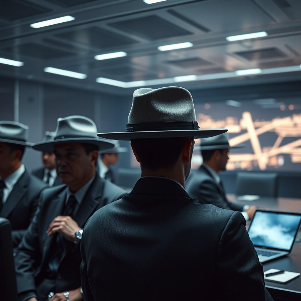 A sleek corporate conference room where everyone wears mood-responsive hats of v