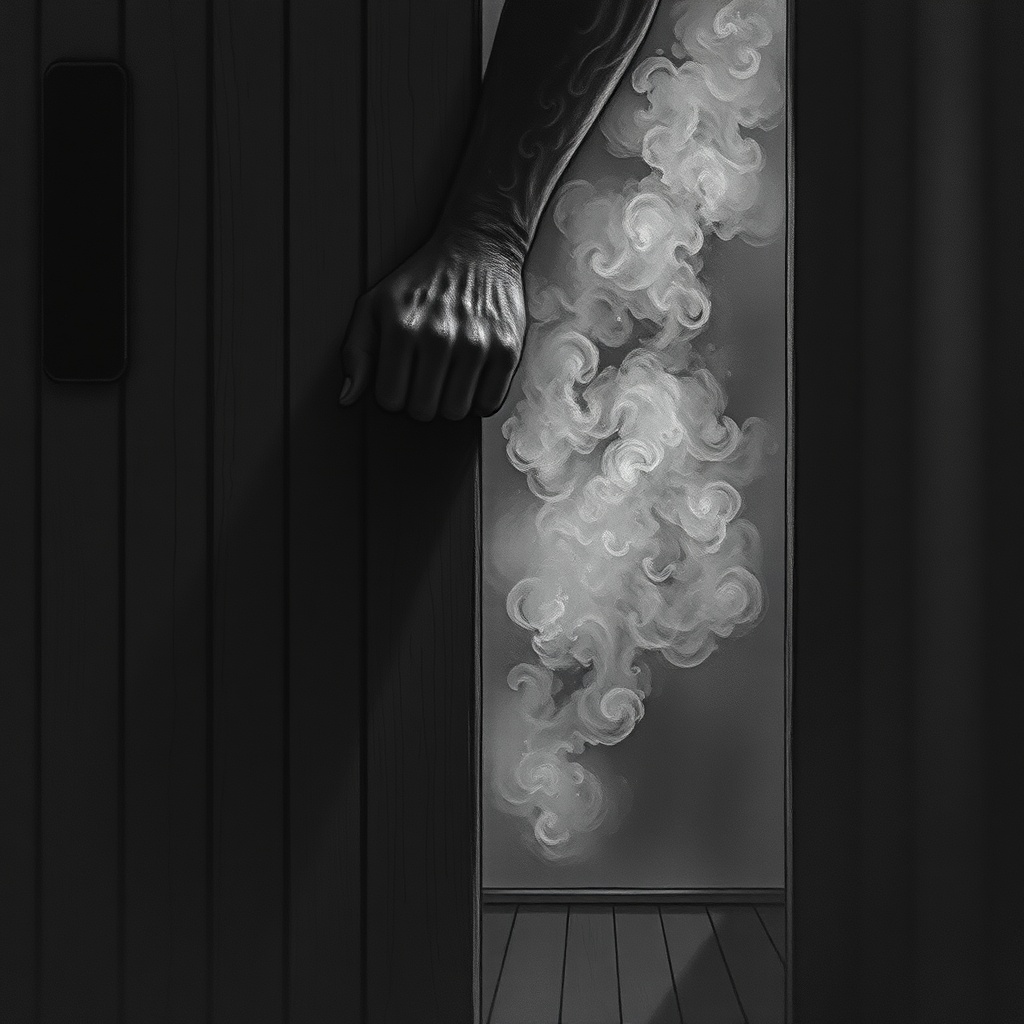 Dark charcoal horror illustration, close-up of a hand gripping a wooden sauna do