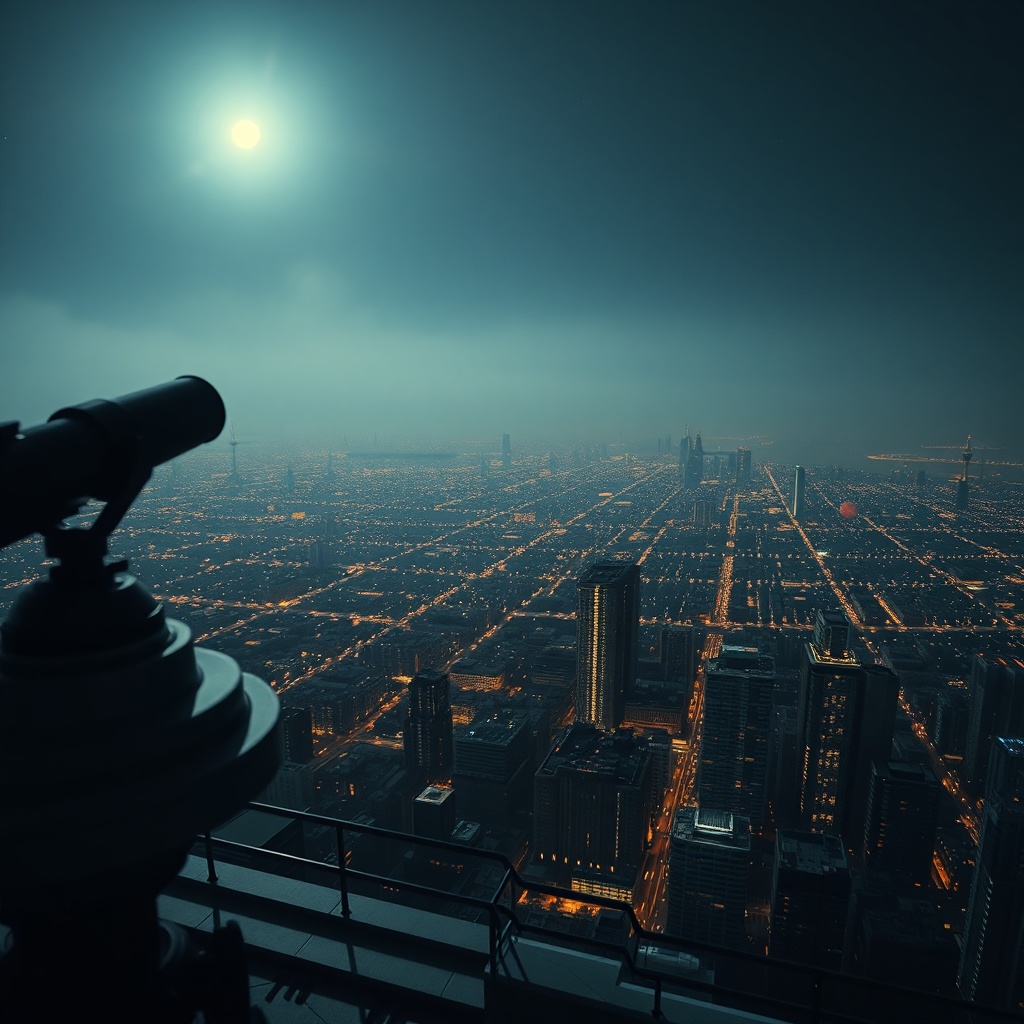 Vertical wide shot from a rooftop observatory, a telescope in the foreground and