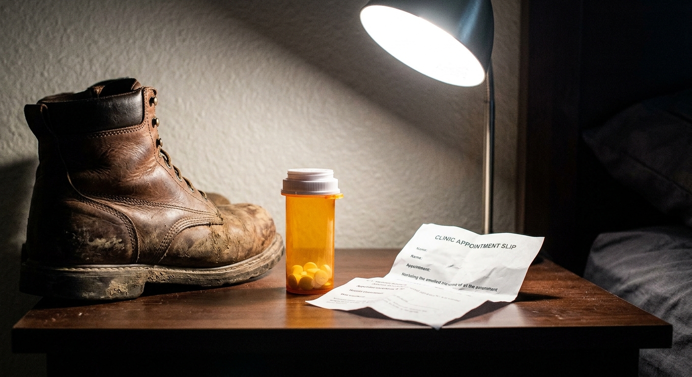 A worn work boot next to a pill bottle with a few pills visible and a crumpled c