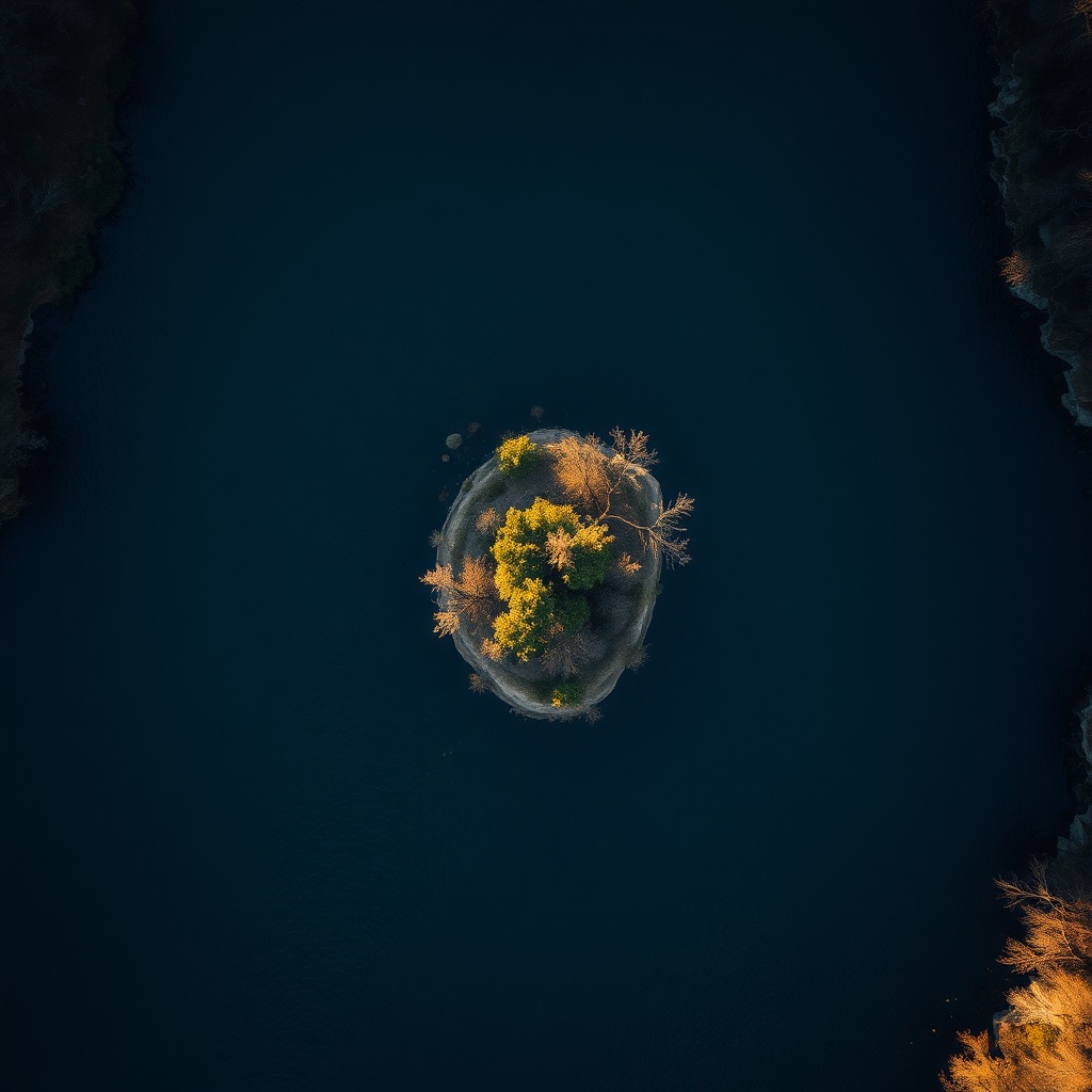 An overhead view of a river splitting into multiple channels around a small isla