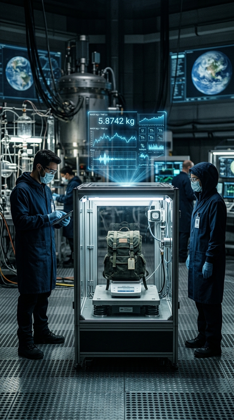 Vertical cinematic laboratory scene with a backpack inside a sealed glass chambe