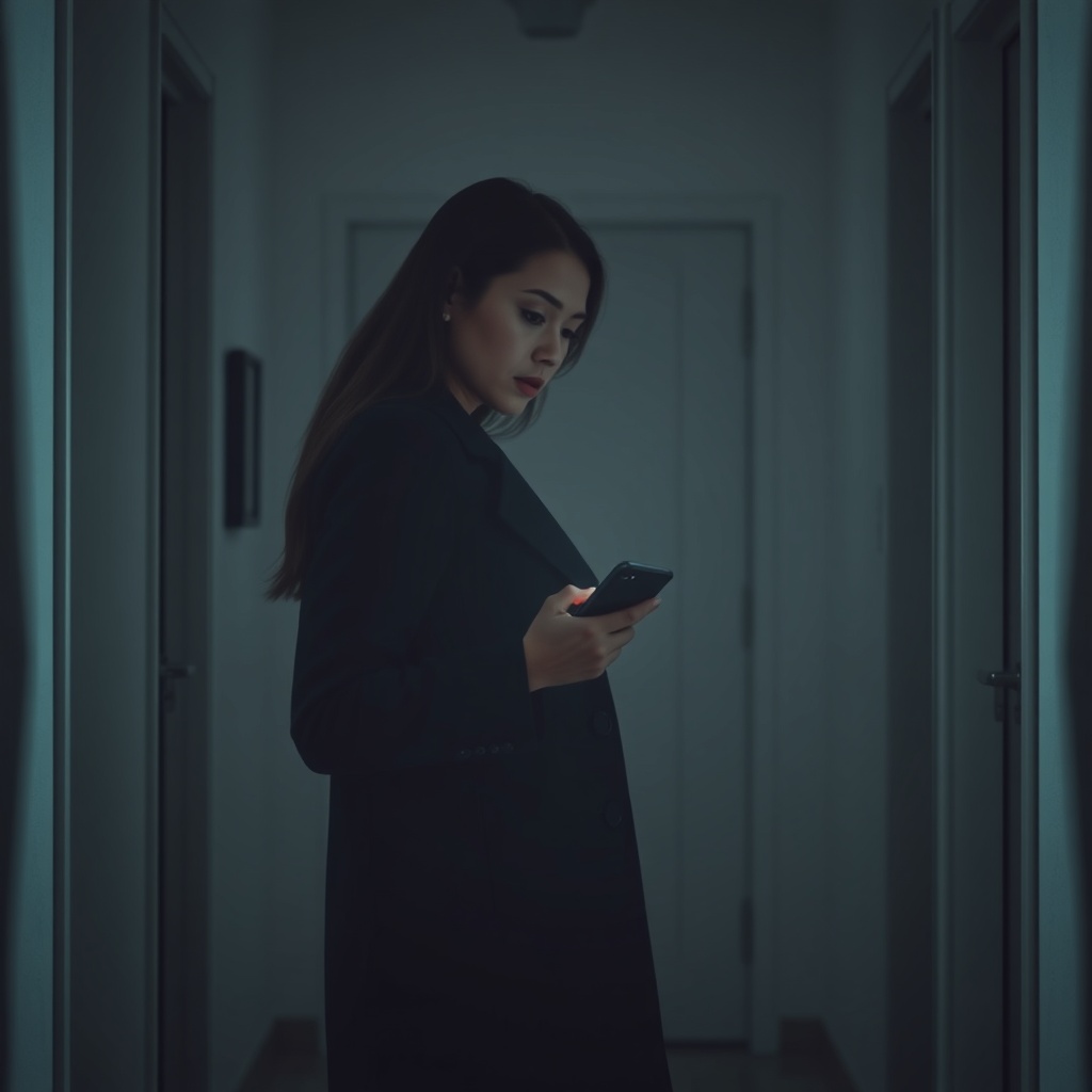A woman in a dark coat standing alone in a dim apartment hallway, phone glowing 