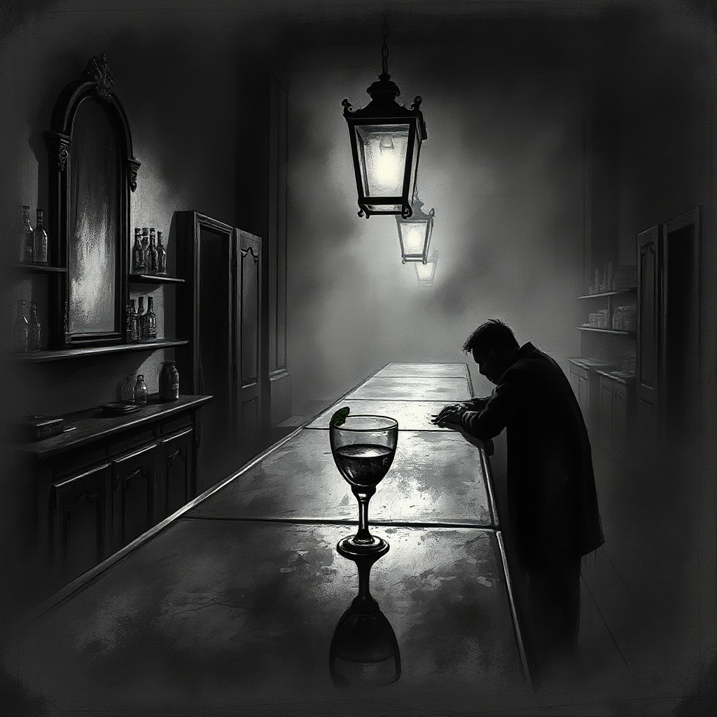 Dark charcoal horror illustration of a dim bar interior with a polished counter,