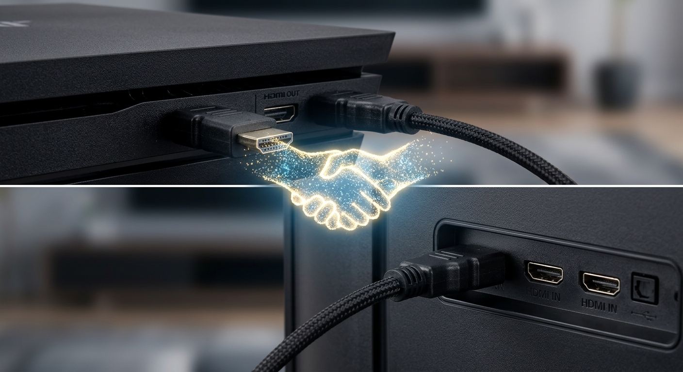 A close-up of two HDMI plugs connecting to a console and TV, with a stylized vis