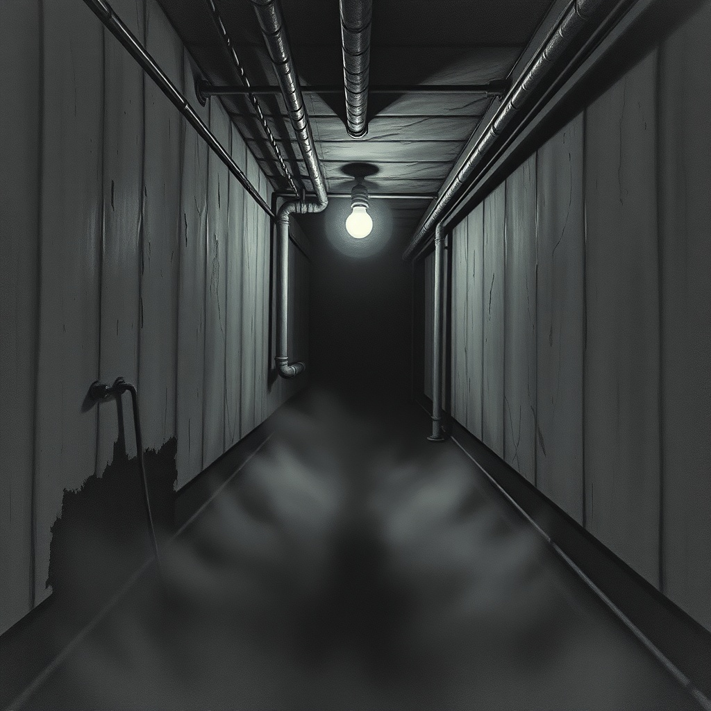 Dark charcoal horror illustration of a damp basement corridor with peeling paint