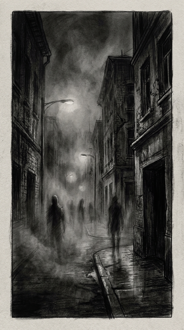 An urban street at night, dense fog swirling around, barely suggesting ghostly f