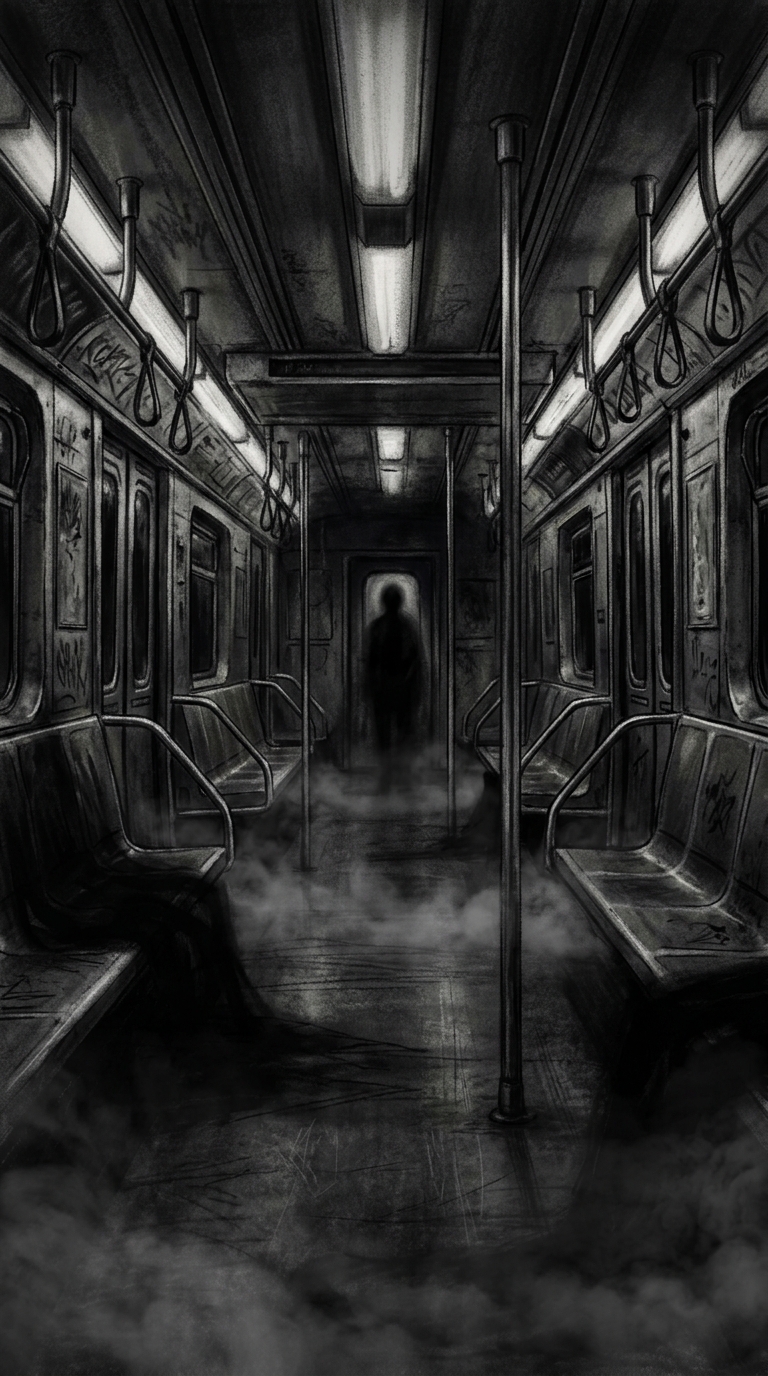 Dark charcoal horror illustration of an almost empty subway car interior, overhe