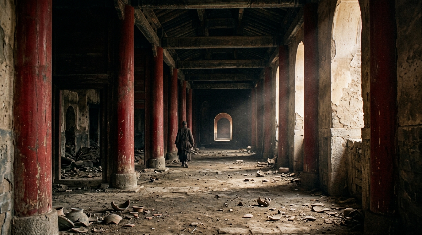 Wide shot of an ancient palace corridor with red-painted columns and shadowed ch