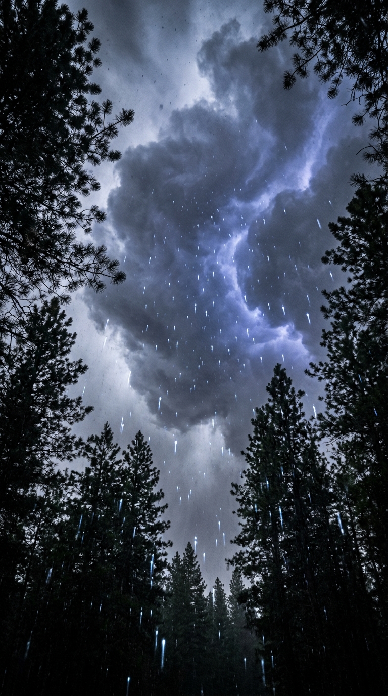 Vertical shot looking up from a forest clearing at a storm cloud base glowing fr