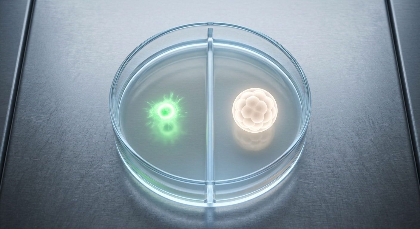 A split-view petri dish on a cold metal surface, left side shows a single glowin
