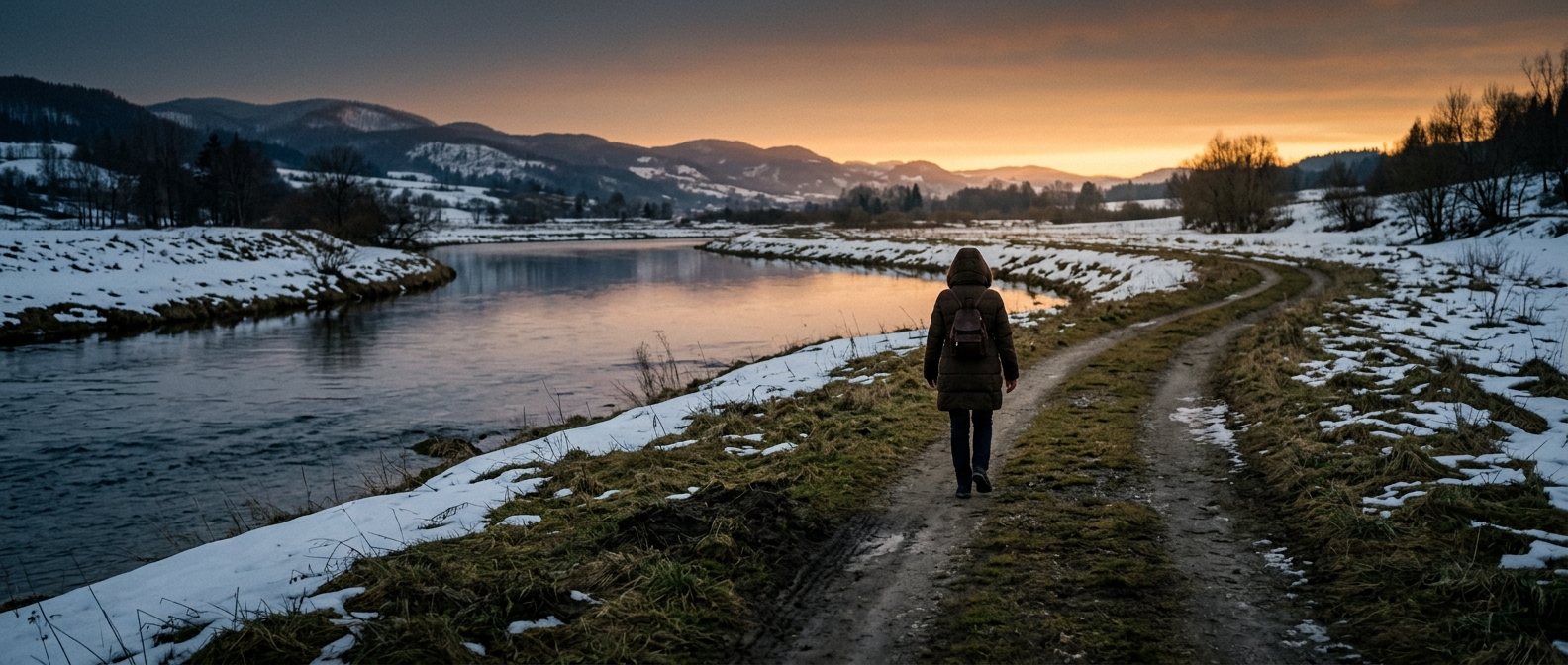 A lone figure in a dark coat walking along a river path where snow gives way to 