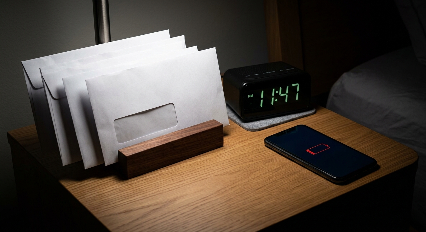 A row of household bill envelopes and a digital alarm clock showing late-night h