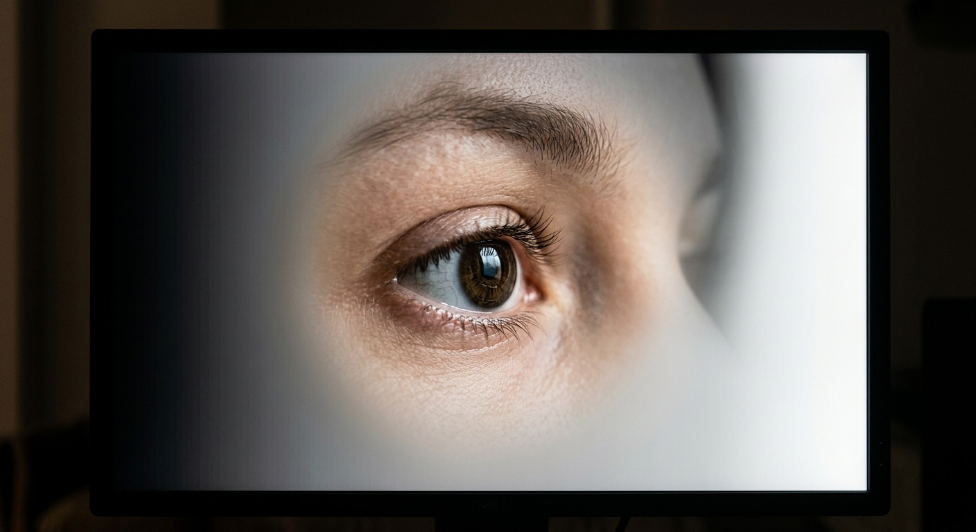 A realistic close-up of an eye looking at a smooth grayscale gradient on a monit