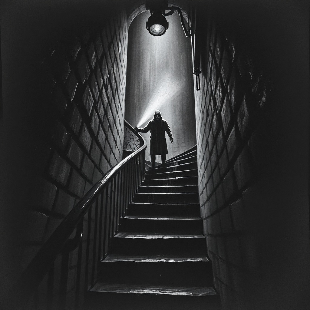 Dark charcoal horror illustration inside a narrow lighthouse stairwell, iron spi