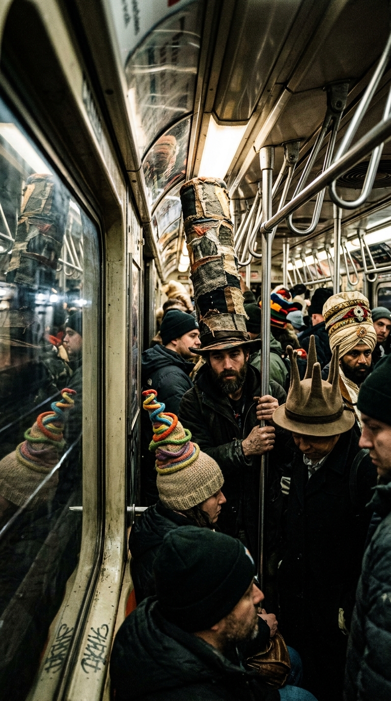 Crowded subway interior with anonymous commuters wearing hats of wildly differen