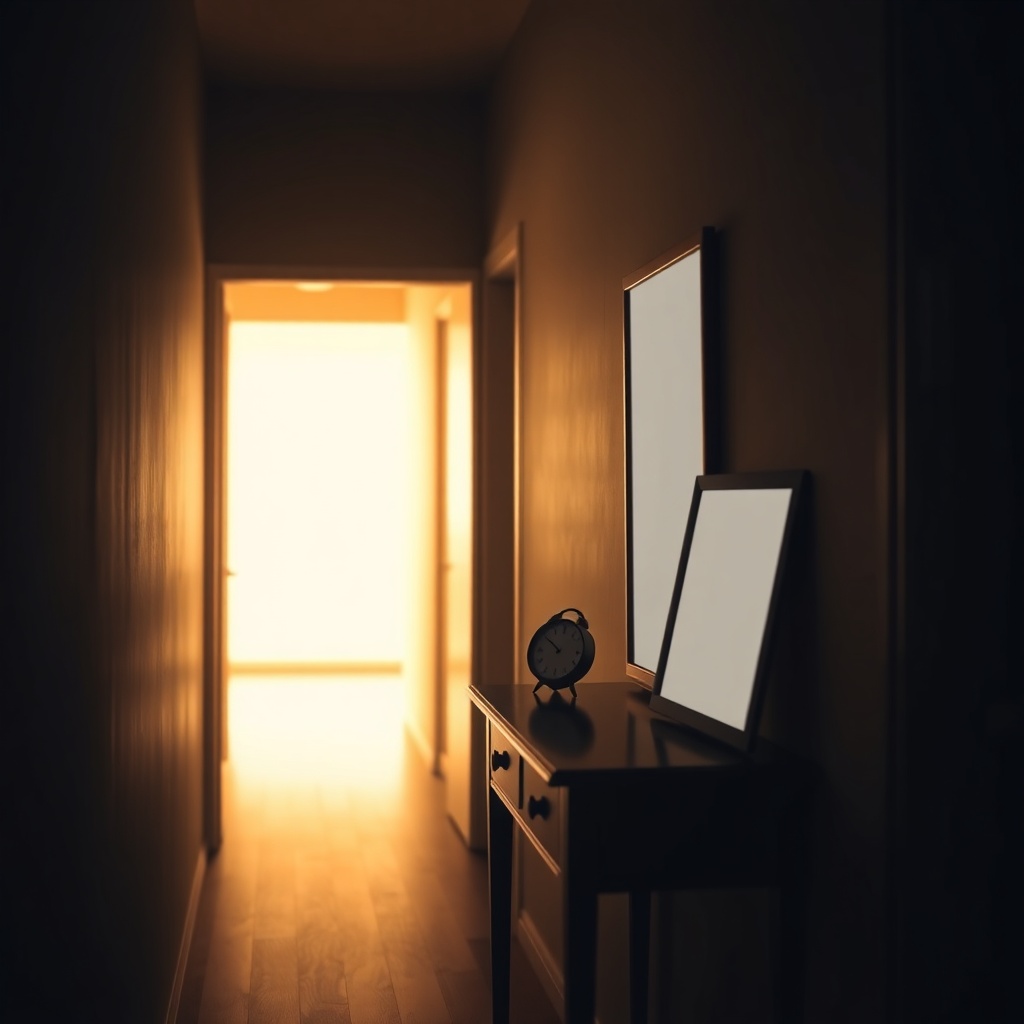 A narrow hallway with framed but blank picture frames and a small clock on a con