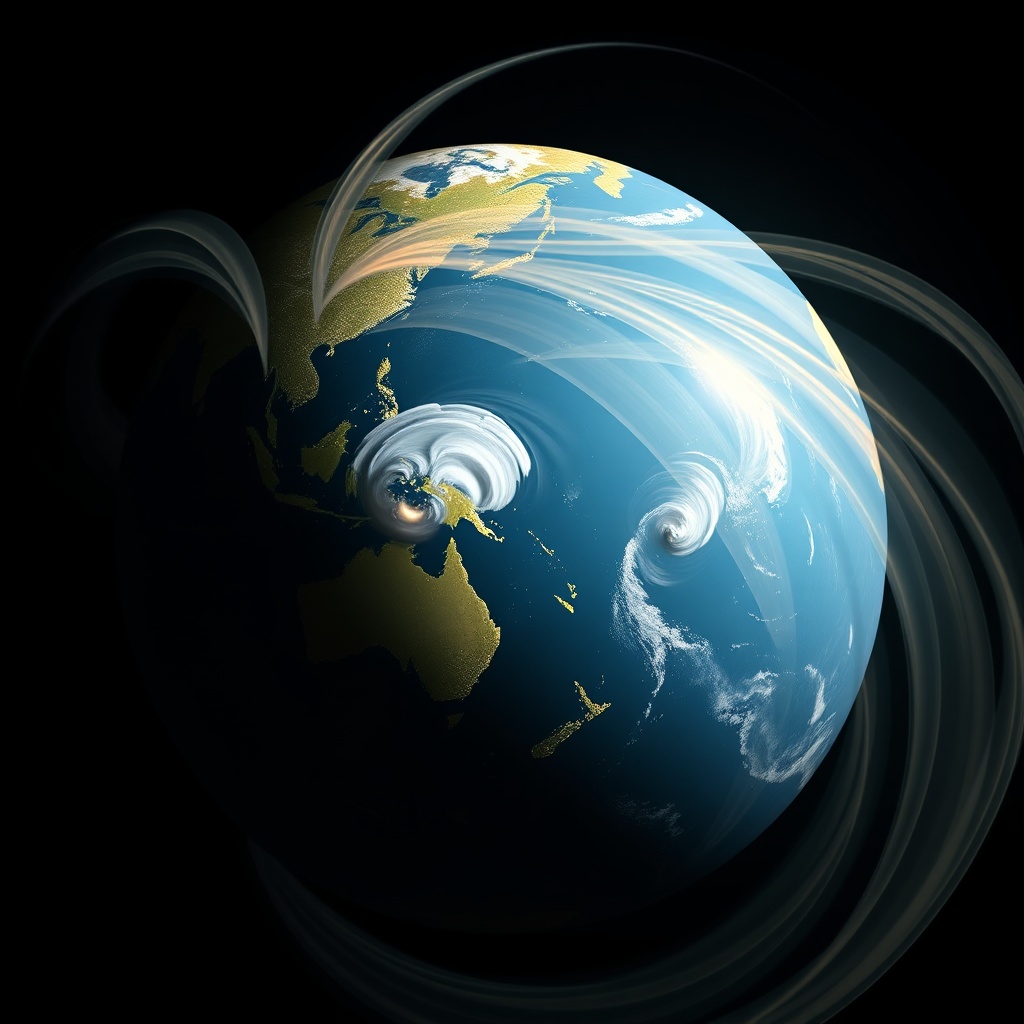 A simplified realistic globe with flowing translucent wind ribbons arcing from t