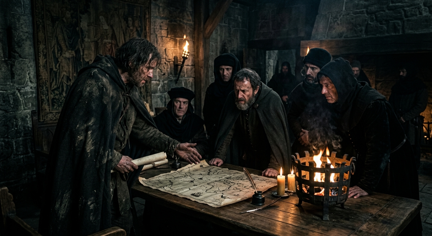 A dim royal chamber with anonymous courtiers in heavy late-medieval clothing, a 