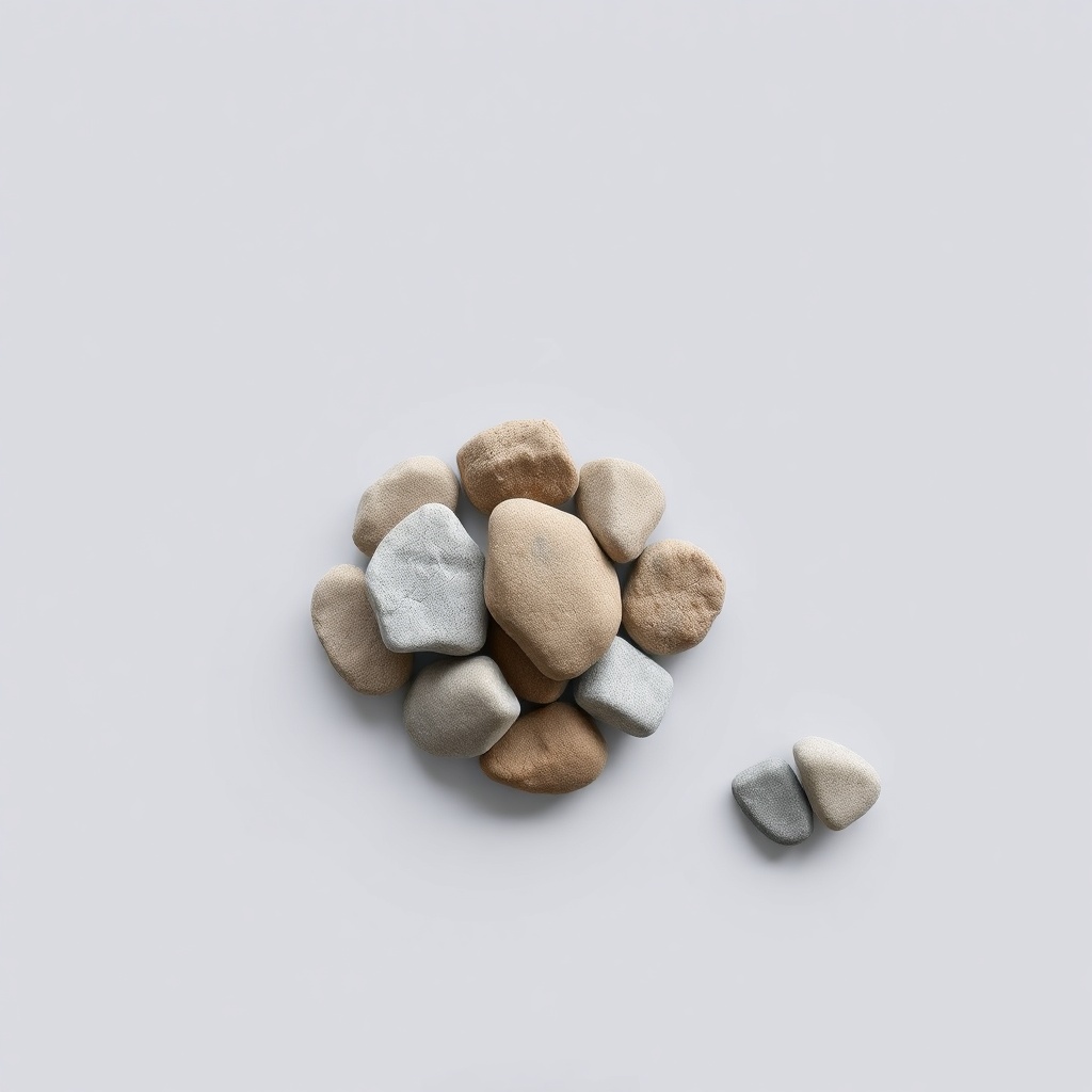 A minimalist counting scene with a neat pile of ten stones and two separate ston