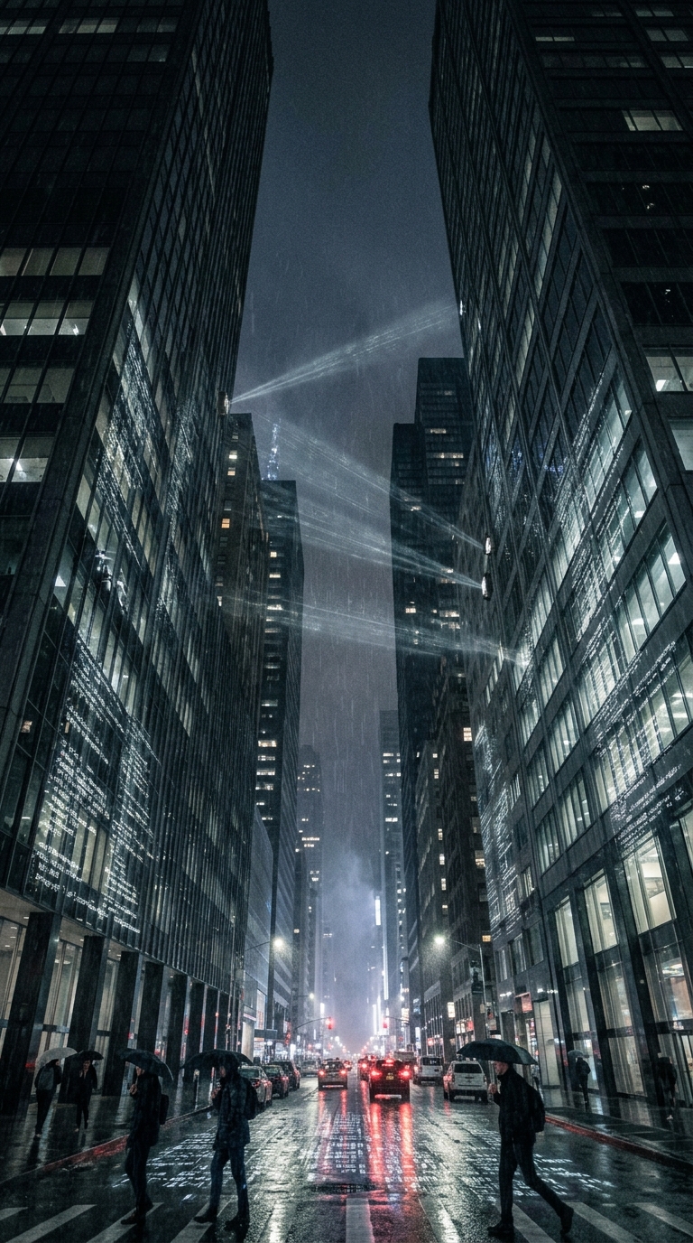 Nighttime street canyon shot upward in vertical composition; buildings covered i