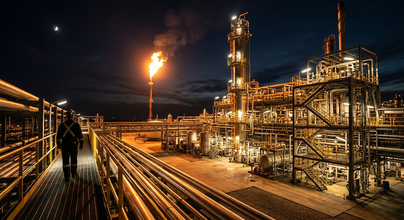 Inside a refinery at night with glowing pipes and towers, a single bright flare 