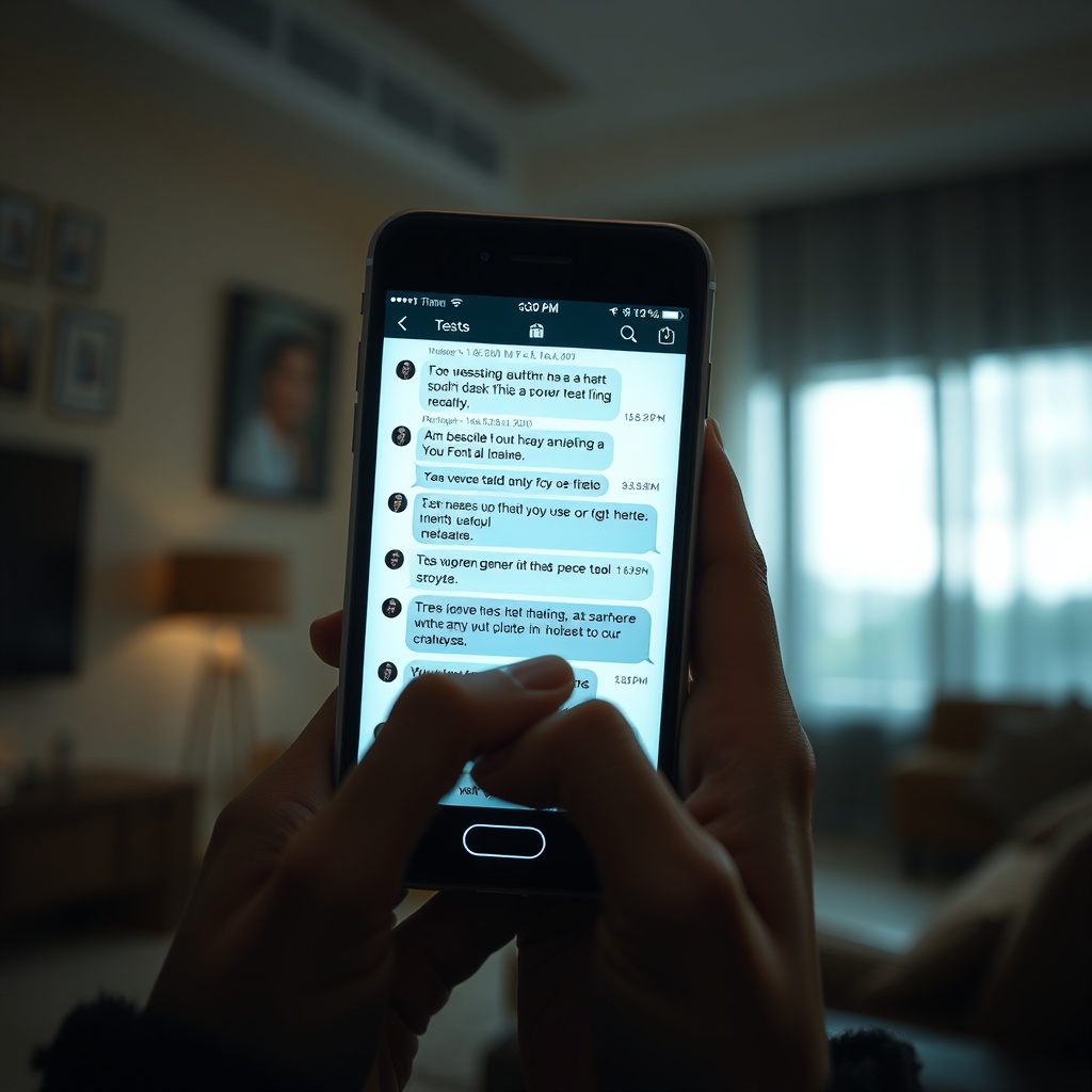 A close-up of a phone screen showing a series of mysterious text messages, held 